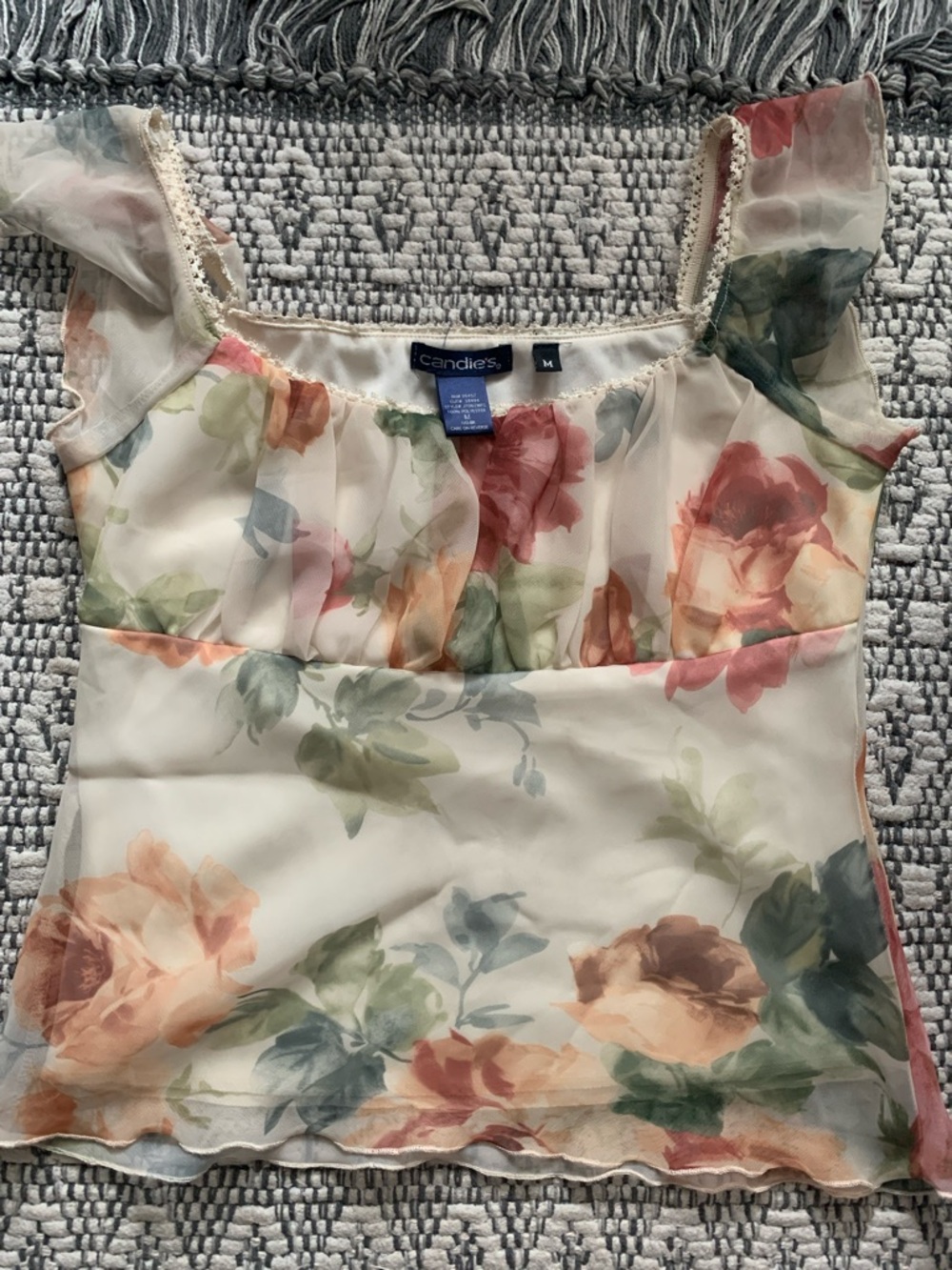Candie's Floral Sheer Ruffle Sleeve Scoop Neck Top - Cream with Multicolor Roses